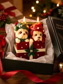 3D Christmas Gift Box Double Puppy Silicone Candle Mold, Two Cute Dogs Peeking Out Of Gift Box Decorated With Holly, DIY Aromatherapy Candle Plaster Diffuser Stone Epoxy Resin Christmas Table Decor Mold - Candle Molds - View 2
