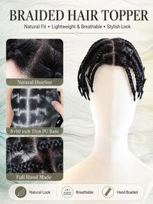 Men's Braided Hairpiece, Full Injection PU Base 100% Human Hair, 6 Inch Undetectable Invisible Men's Hair System, Ultra-Thin Breathable Skin-Tone Base Natural Hair System, Daily Men's Hair Replacement - Natural Black - View 3