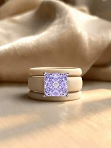 3 Piecessilicone Purple Cut Synthetic Zirconia Khaki Silicone Ring Set, Suitable For Daily Wear, Weddings, Valentine's Day, Anniversaries, And Gifts - Silicone Ring - Purple Square - View 4