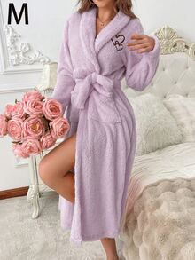Women's Plush Heart Embroidered Robe, Soft And Comfortable Autumn/Winter Loungewear, Cream Color Plush Bathrobe, Women's Fluffy Plush Robe - Heart Purple - View 15