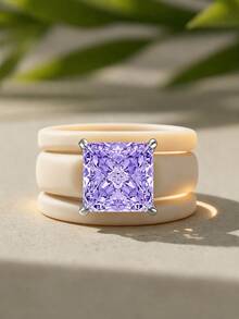 3 Piecessilicone Purple Cut Synthetic Zirconia Khaki Silicone Ring Set, Suitable For Daily Wear, Weddings, Valentine's Day, Anniversaries, And Gifts - Silicone Ring - Purple Square - View 11