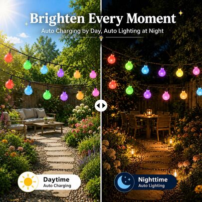 Lampu Hias Tenaga Surya Luar Ruangan 5M/7M/12M, Lampu Peri Bola LED Multiwarna 7 Warna, Lampu Taman Tenaga Surya Otomatis Menyala di Malam Hari untuk Teras, Halaman, Balkon, Pesta Pernikahan, Dekorasi Natal dan Halloween