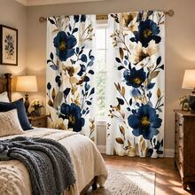 2pcs Blue & White Watercolor Floral Pattern Semi-Sheer Bedroom Curtains, 90GSM Polyester Semi-Transparent Privacy Protection, Elegant Style Living Room Curtains, Kitchen Curtains, Suitable For Home, Room, Kitchen Partition Or Decoration, Rod Pocket Design Easy Installation, Quick Dry, Washable, Fade-Resistant, Lightweight Removable Curtains - Multicolor - View 6