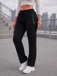 Women's Solid Black Straight Leg Pants With Drawstring Elastic Waist And Zipper Pockets, Casual Everyday Trousers - Black - View 3