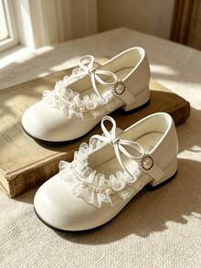 Girls Sweet Dress Shoes, White Pearl Lace Bow Low Heel Performance Shoes - Beige - View 2