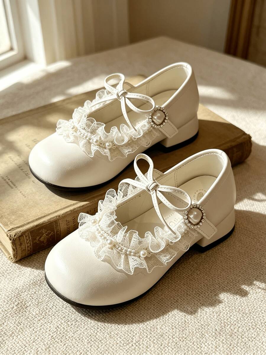 Girls Sweet Dress Shoes, White Pearl Lace Bow Low Heel Performance Shoes
