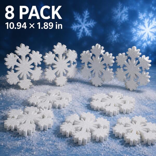 8pcs Freestanding Snowflake EPS Foam Decorations, 10.94"W X 1.89"T White Polystyrene Foam Handcrafted Shapes, Suitable For Painting, Tabletop Display, Windows, Mantels, Christmas And Winter Decor
