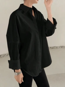 Kemeja Katun Murni Hitam Tenun Regular Fit Wanita, Lengan Panjang, Detail Kancing, Fesyen Serbaguna - Hitam - View 4
