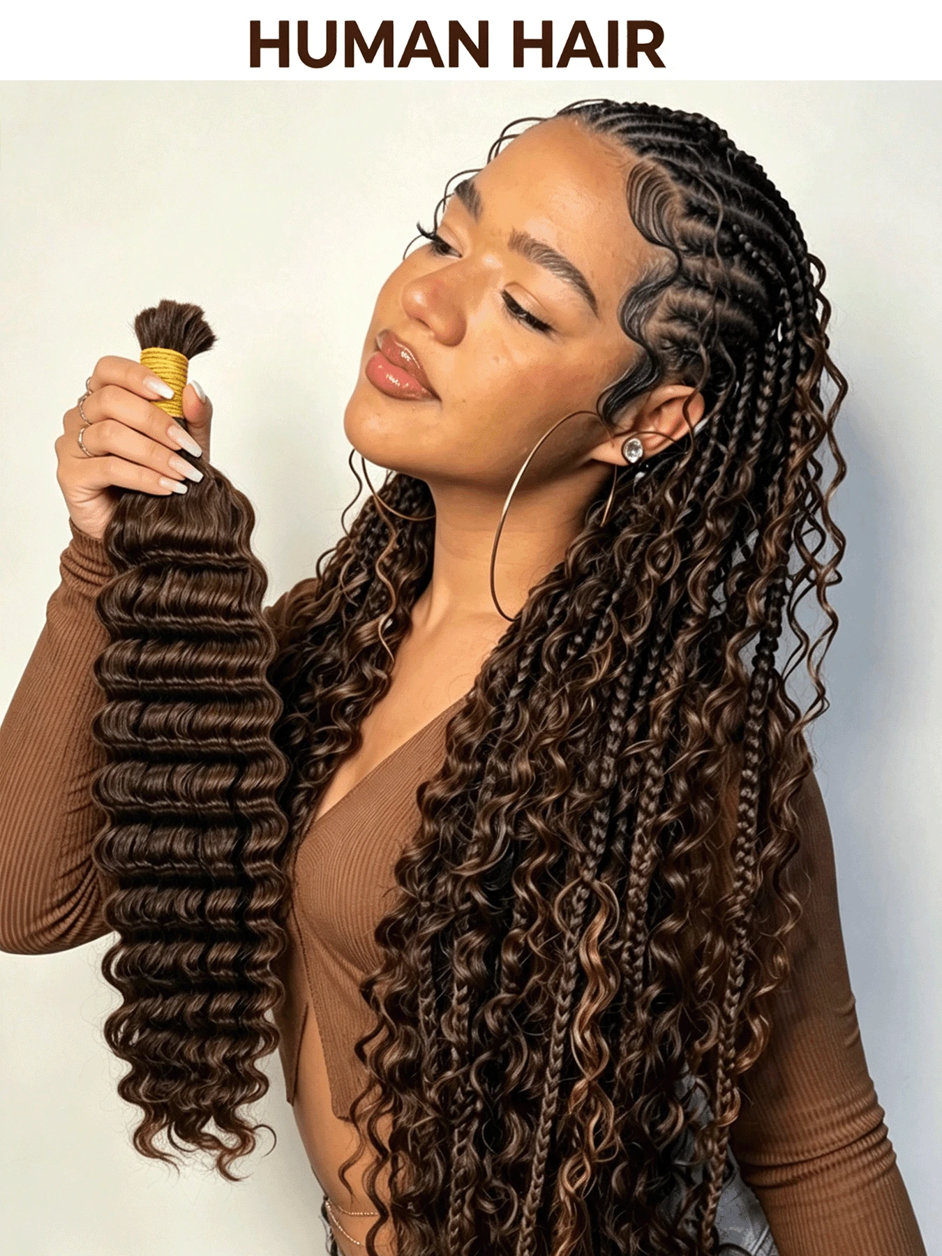 Brown Large Capacity Deep Wave Braided Hair Bundles, 10A Brazilian Virgin Human Hair, Curly Hair Extensions, Suitable For Bohemian Style Braids, Daily And Party Wear, Back To School Season - Multicolor - View 1