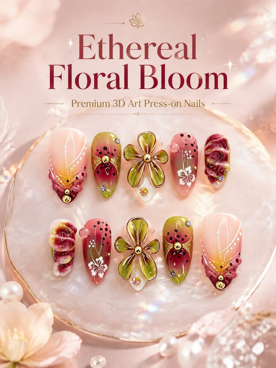 NAIO 10片杏仁形穿戴甲,仙氣花卉假指甲,附3D花朵與玫瑰裝飾、豹紋、水鑽與金色金屬點綴,漸層亮面美甲配件,適合女性 - 彩色 - 查看 1