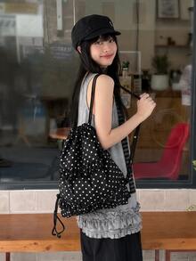 Women's Ruffle Polka Dot Drawstring Backpack, Large Capacity Lightweight Casual Bag for School, Travel & Daily Use - 黒 - チェックする 2