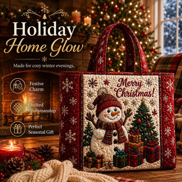 Women's Christmas Snowman Quilted Tote Bag, Snowflake Christmas Tree & Gift Patchwork Shoulder Bag, Winte