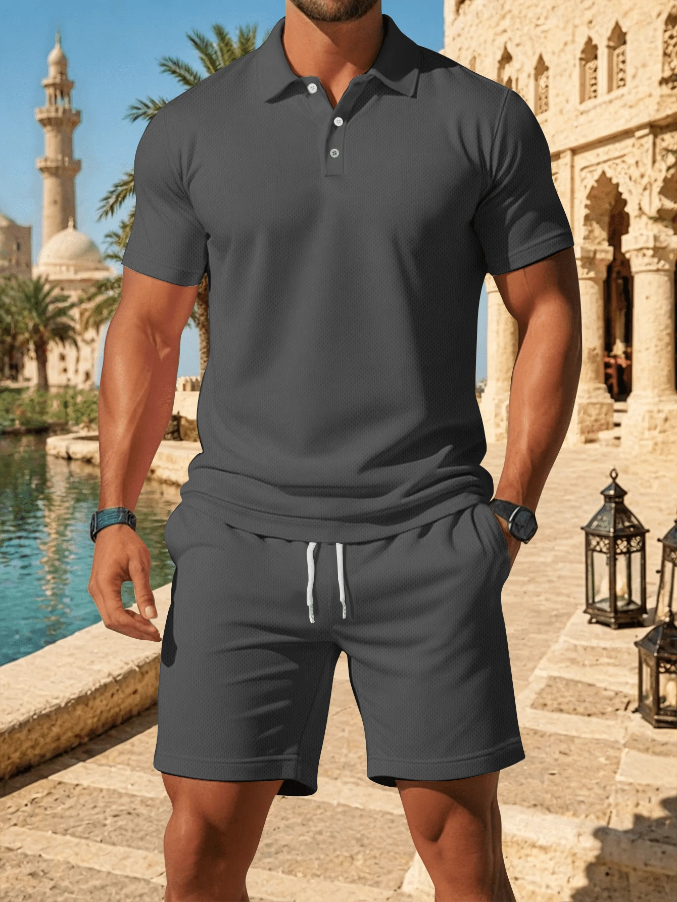 2pcs Men's Casual Solid Color Short Sleeve Polo Shirt & Shorts Set, Suitable For Beach, Commuting, Gym And Weekend Outings - Grey - View 1