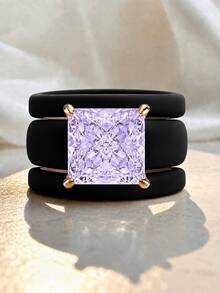 3 Pieces Set Of Purple Cut Synthetic Zirconia Black Silicone Rings, Suitable For Daily Wear, Weddings, Valentine's Day, Anniversaries, And Gifts - Black Silicone - Purple Square - View 14