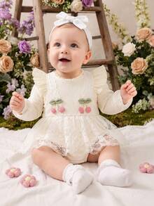 Baby Girls New Autumn/Winter Apricot 3D Cherry Lace Flutter Sleeve Mesh Dress Romper Long Sleeve Bodysuit Crawler Comfortable - Apricot - View 10