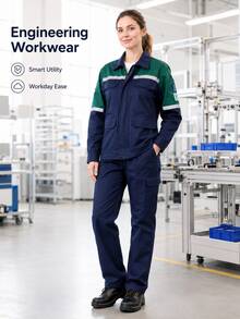 Navy Blue & Green Reflective Strip Workwear Jacket, Unisex Long Sleeve Work Uniform For Workshop And Construction Site - Navy Blue - View 2