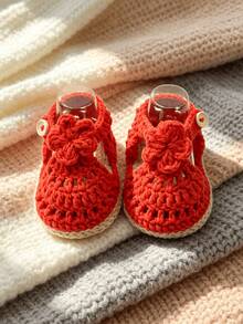 1 Pair Crochet Infant Boots, Beige Floral Pattern, Handmade Woven Straw Shoes - Red - View 1