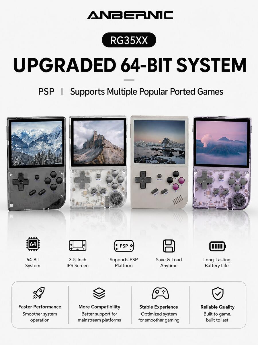 ANBERNIC Konsol game retro RG35XX memiliki layar 3,5 inci, pengisian daya yang nyaman, dan sangat cocok untuk pesta dan hiburan. Ini adalah konsol game genggam sumber terbuka yang mendukung game yang diporting, dan termasuk RAM 1GB dan penyimpanan 64GB. - View 1