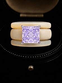 3 Piecessilicone Purple Cut Synthetic Zirconia Khaki Silicone Ring Set, Suitable For Daily Wear, Weddings, Valentine's Day, Anniversaries, And Gifts - Silicone Ring - Purple Square - View 6