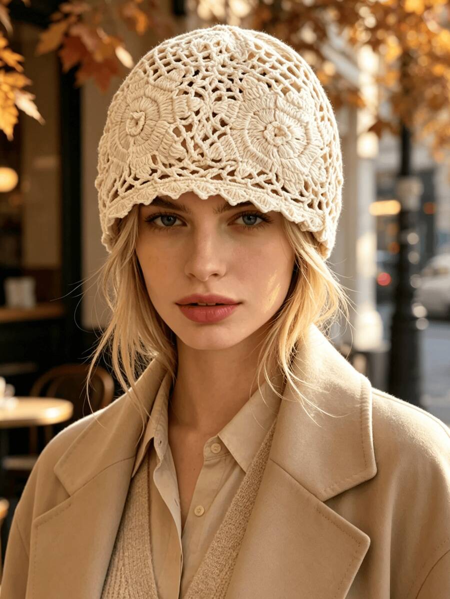 1pc Handmade Crochet Hollow Out Breathable Mesh Solid Color Women's Beanie, Fashionable Breathable Knitted Hat Suitable For Spring, Summer, Autumn, Outdoor, Commuting, Gift For Friends - Hollowing Out - View 1