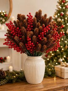 40pcs Pine Cone And Red Berry Decorations | Realistic Plastic Branch Christmas Tree Decor | Winter Wedding And Wreath Centerpiece Decorations | Durable Pine Cone And Red Berry Ornaments | Holiday Berry Wreath Accessories - Multicolor - View 2