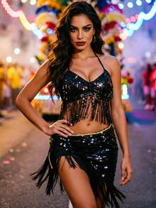Sequin Tassel Crop Top Fringe Wrap Skirt For Music Festival Nightclub Carnival Performance Multiple Colors Available - Multicolor - View 20