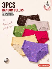 APRSEA 3PCS Women's Sweet Macaron Color Lace Panel Brief Panties With Bow Detail, Random Color - Multicolor - View 1