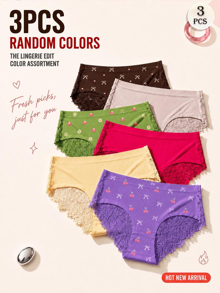 APRSEA 3PCS Women's Sweet Macaron Color Lace Panel Brief Panties With Bow Detail, Random Color - Multicolor - View 1