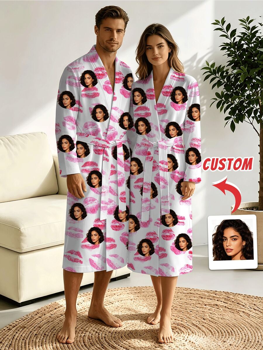 1pc Customizable Men's V-Neck Long Robe, Pink Lip Print Pattern, Funny Face Design, Men's Holiday Wear, Couple Pajamas Homewear, Suitable For Home, Beach, Pool, Unique Anniversary, Birthday, Holiday Gift For Boyfriend, Family, Friends - Multicolor - View 1