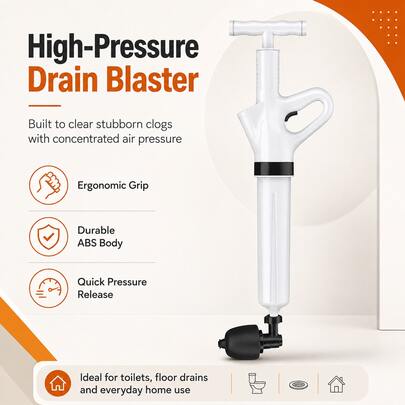 High Pressure Drain Blaster Plunger With Pressure Gauge, Manual Air Pump Pipe Clog Remover With 5 Multi-Functional Attachments, Thickened ABS Drain Unclogger For Toilet, Kitchen Sink, Bathroom Basin, Floor Drain Household Drain Cleaning Tool