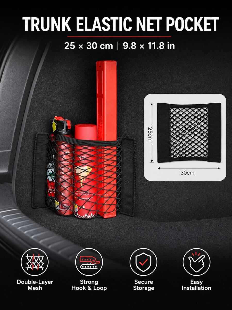 1pc 25*30cm Car Trunk Hook-And-Loop Elastic Mesh Bag, Car Trunk Storage Organizer, Car Interior Storage Bag, Car Storage Bag - Car Cargo Net - View 1