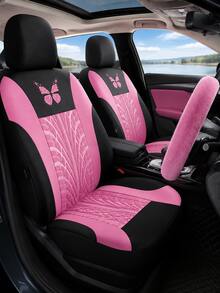 8pcs/9pcs/17pcs Breathable Car Seat Covers Set, Butterfly Pattern, With Soft Plush Steering Wheel Cover, Gear Shift Cover, Handbrake Cover And Rhinestone Plush Pendant, Create Comfortable Driving Experience - Multicolor - View 4