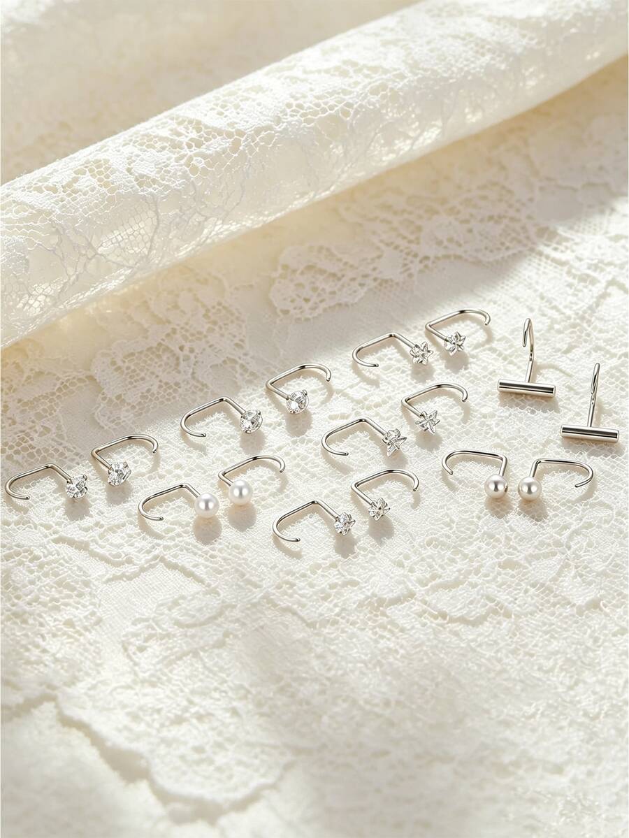 20 Pasang Anting-Anting Stainless Steel CZ Mutiara Bintang Bulan Kupu-kupu yang Dapat Ditumpuk, Terbuka, Model Huggie, Setengah Lingkaran untuk Wanita, Pemakaian Sehari-hari, Perhiasan Telinga untuk Beberapa Tindik - Perak - View 1