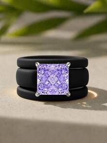 3 Pieces Set Of Purple Cut Synthetic Zirconia Black Silicone Rings, Suitable For Daily Wear, Weddings, Valentine's Day, Anniversaries, And Gifts - Black Silicone - Purple Square - View 8