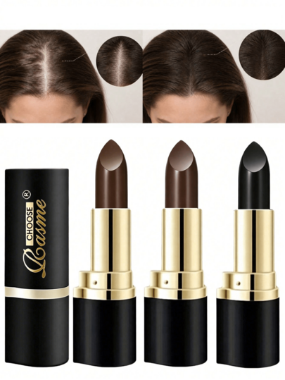 Barra de retoque temporal de cabello Casme, 3 colores naturales de cabello, tubo estilo lápiz labial negro y dorado, cubre instantáneamente las raíces de cabello blanco del cuero cabelludo, corrector de cabello blanco portátil y desechable, fácil de lavar con agua, adecuado para retoques rápidos de cabello diarios