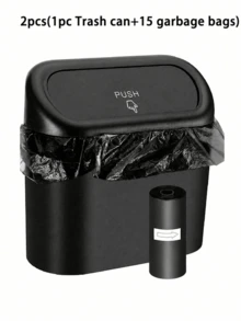 Black Leakproof Mini Car Trash Can With Lid, With Garbage Bag, Convenient And Hygienic Car Accessory, Car Door Hanging Storage Organizer - Black - View 12