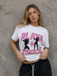 Women's Y2K Cotton T-Shirt, Short Sleeves, Crew Neck, Letter Print, Casual Streetwear Style, Autumn Women's, Ideal For Everyday Wear, Local Shipping - White - View 1