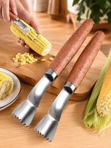 1/2pcs Stainless Steel Corn Stripper With Wooden Handle, Corn Cob Peeler & Kernel Remover Tool, Handheld Corn Cutter For Fresh Sweet Corn, Kitchen Vegetable Prep Gadget - Multicolor - View 2