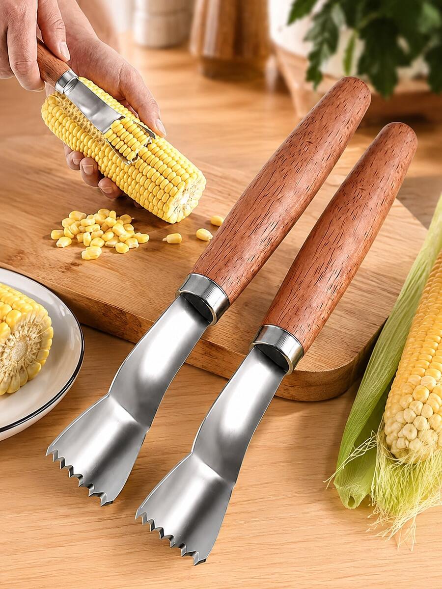 1/2pcs Stainless Steel Corn Stripper With Wooden Handle, Corn Cob Peeler & Kernel Remover Tool, Handheld Corn Cutter For Fresh Sweet Corn, Kitchen Vegetable Prep Gadget