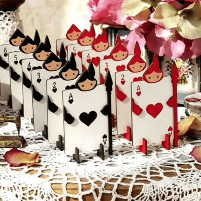 12pcs Wonderland Tea Party Tabletop Centerpiece Decorations: Playing Cards, Playing Card Soldiers, Party Supplies. Wooden Playing Card Guard Decor. Suitable For Wonderland Tea Party, Afternoon Tea, Garden Tabletop Decor, Birthday Decor, Wonderland Party Centerpiece