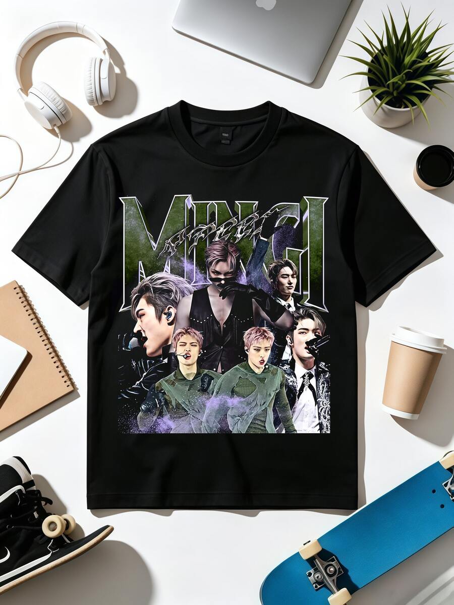 Song Mingi ATEEZs Purple Stage Photo Collage Bootleg Style T-Shirt.Blusen Für Damen,Herbstmode Damen 2026. - Black - View 1