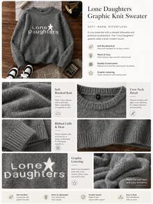 Women's New Autumn/Winter Knit Crew Neck Pullover Sweater With "Lone Daughters" Letter Pattern, Casual Commute College Style Knit Sweater - Grey - View 8