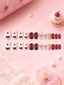 24pcs Y2K Style (Cupcake, Bow) Element Design, Kids Girls Press-On Short Fake Nails, Cute Pre-Glued Full Coverage Acrylic Nail Tips Set, Suitable For 5-12 Years Old Girls Nail Decoration - Multicolor - View 4
