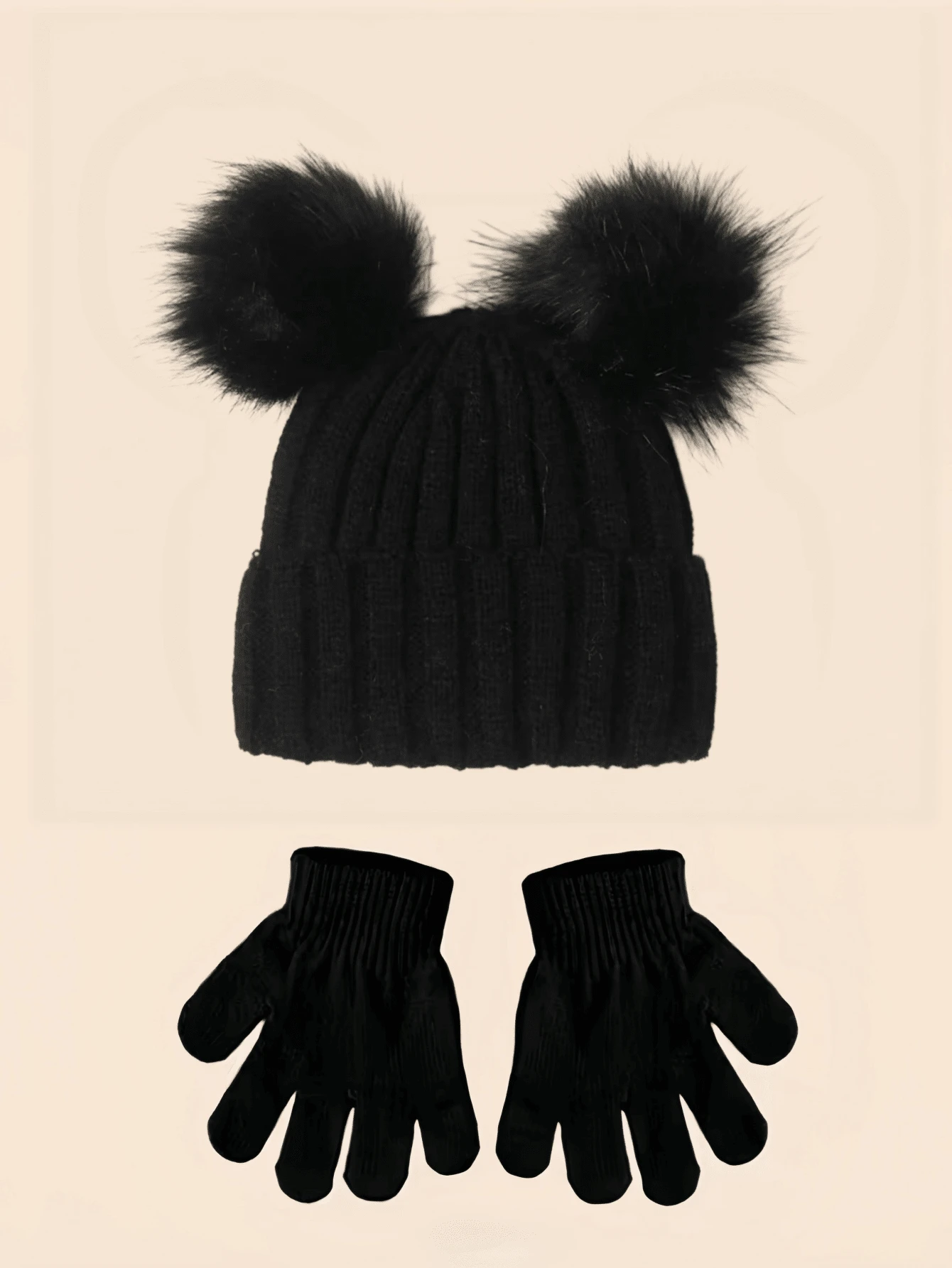 Autumn/Winter Minimalist Versatile Warm Double Pom-Pom Solid Color Kids Knitted Hat & Gloves Set, 2pcs/Set - 2pcs - View 1