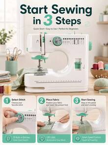 520A Portable Electric Sewing Machine, Household Double-Needle Double-Thread Automatic On-Line Multi-Function Sewing Machine, 12 Kinds Of Sewing Patterns, Adjustable Speed, With Lighting, Suitable For Family Use, - Mint Green - View 5