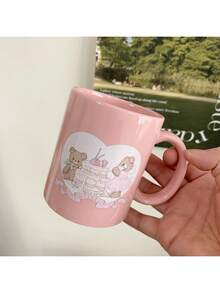 Sweet Cute Pink Ceramic Mug, Adorable Bear Rabbit Cake Art Print Cup, Girly Aesthetic Gift, Macaron Color Coffee Tea Cup - Multicolor - View 8