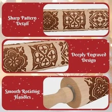 1Pc 13.7 Inch Wooden Embossed Rolling Pin, Square‑Grid Floral Engraved Dough Roller, Cookie Biscuit Imprint Mold, Household Baking Tool, Ideal For Party, Wedding, Festival & Gift - Multi-color - Dark Window Film - View 4