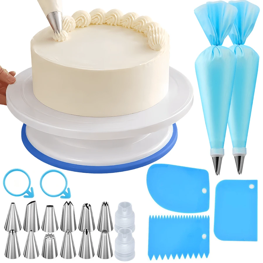 22pcs Cake Decorating Tools, Includes 11-Inch Cake Turntable, 2pcs 12-Inch Piping Bags, 12pcs Piping Tips, 2pcs Couplers And Other Piping Tools, Suitable For Home Baking, Buttercream Frosting DIY