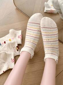 5 Pairs Women's Polka Dot Yarn Short Socks, Fashionable Cute Cartoon Pattern, Spring/Summer Sweat-Absorbent Breathable Casual Sports Socks - Multicolor - View 2