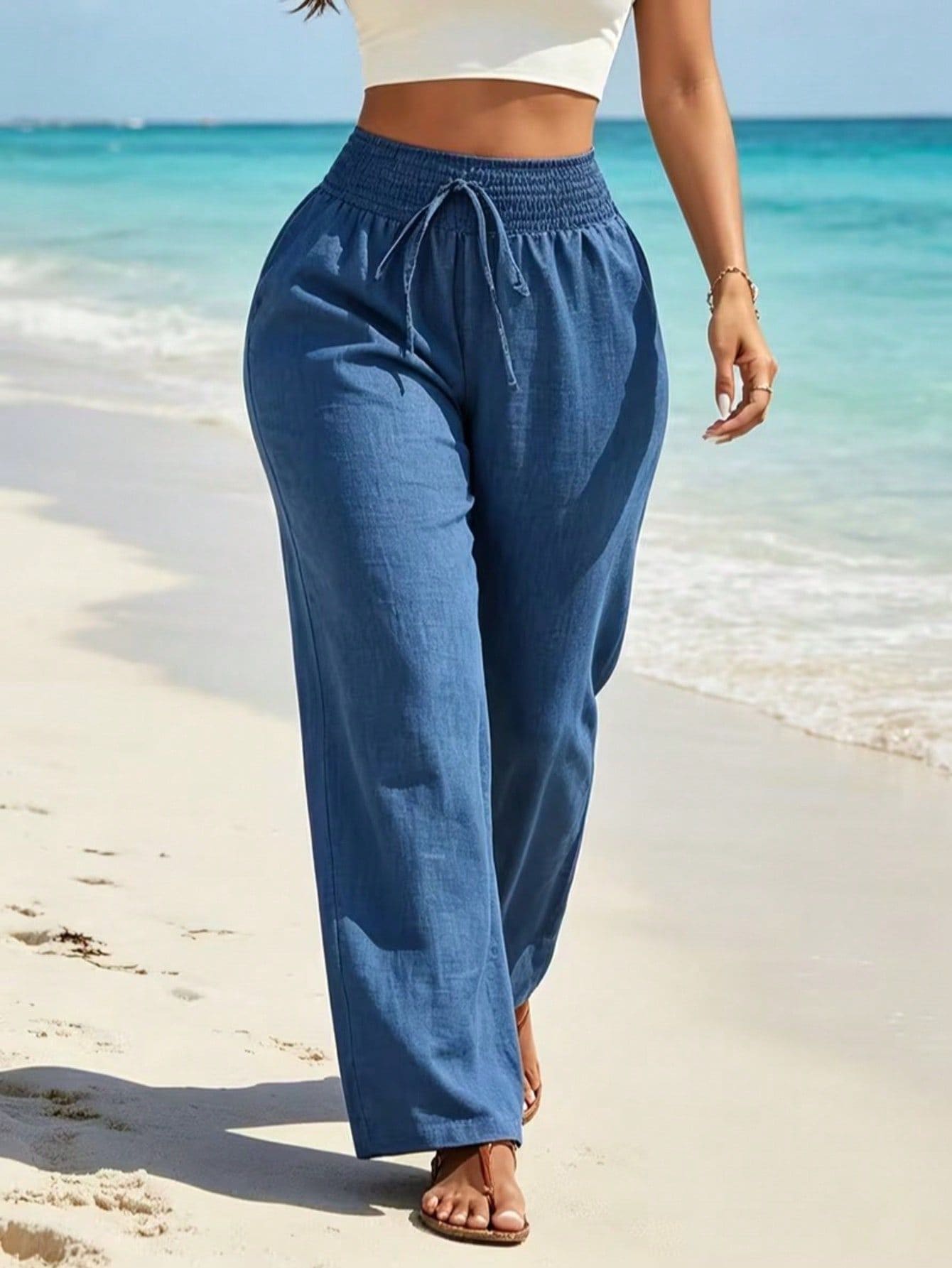 Plus Size Women's Solid Color Drawstring Wide Leg Long Pants, Suitable For Casual Beach Wear - Blue - View 1